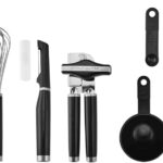 A complete 15-piece black kitchen tool and gadget set arranged neatly, showcasing all included utensils.