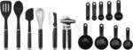 A complete 15-piece black kitchen tool and gadget set arranged neatly, showcasing all included utensils.