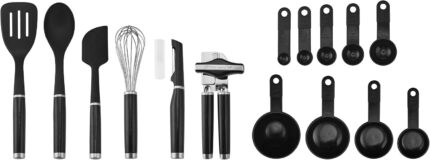 A complete 15-piece black kitchen tool and gadget set arranged neatly, showcasing all included utensils.