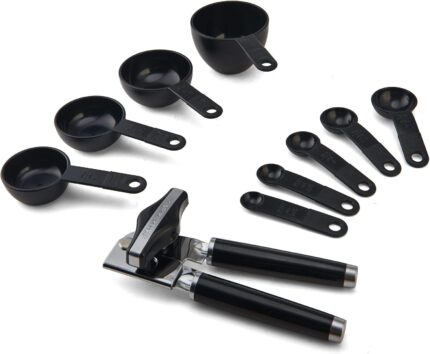 A complete 15-piece black kitchen tool and gadget set arranged neatly, showcasing all included utensils.
