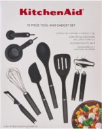 A complete 15-piece black kitchen tool and gadget set arranged neatly, showcasing all included utensils.