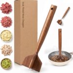 A&O Teak Wood Meat Chopper for ground beef and mashing potatoes, shown with its multi-edge head and wooden handle.