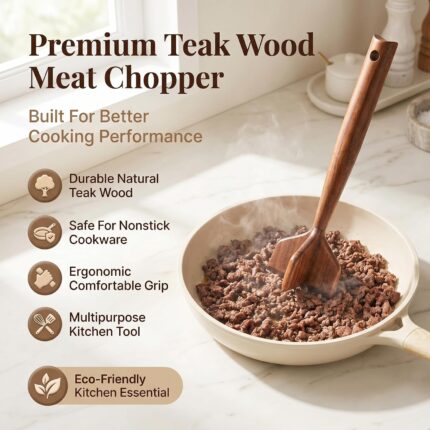 A&O Teak Wood Meat Chopper for ground beef and mashing potatoes, shown with its multi-edge head and wooden handle.