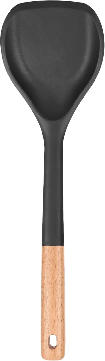 Black silicone wok spatula with a wooden handle, designed for nonstick pans and cooking