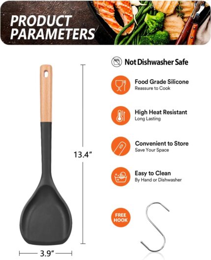 Black silicone wok spatula with a wooden handle, designed for nonstick pans and cooking