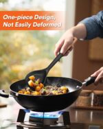 Black silicone wok spatula with a wooden handle, designed for nonstick pans and cooking