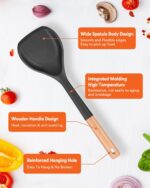 Black silicone wok spatula with a wooden handle, designed for nonstick pans and cooking