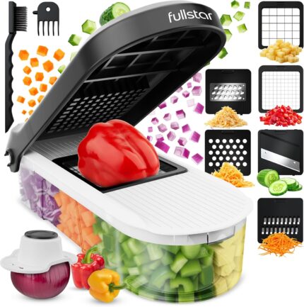 White and black fullstar Pro Core 6-in-1 Vegetable Chopper and Mandoline Slicer with various blades and container.