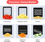 White and black fullstar Pro Core 6-in-1 Vegetable Chopper and Mandoline Slicer with various blades and container.