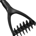 Black nylon potato masher with an ergonomic handle, resting on a white background, showcasing its non-scratch design.