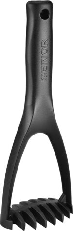 Black nylon potato masher with an ergonomic handle, resting on a white background, showcasing its non-scratch design.