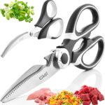 Two pairs of Gidli kitchen scissors, one all-purpose and one for seafood, with black and white handles.
