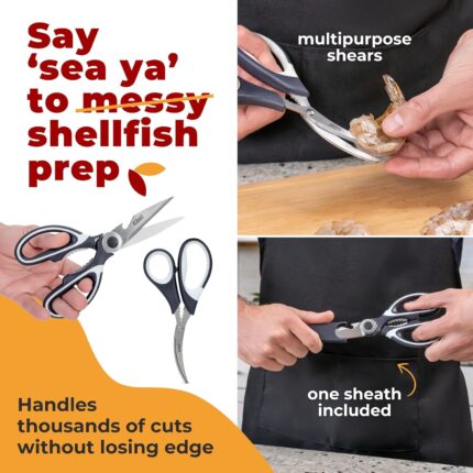 Two pairs of Gidli kitchen scissors, one all-purpose and one for seafood, with black and white handles.