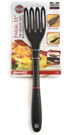 Black 11-inch Grip-EZ Fiskie, a combination fork and whisk utensil, shown in a kitchen setting.