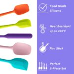 A set of five multicolor silicone spatulas with stainless steel cores, arranged for a kitchen product display.
