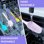 A set of five multicolor silicone spatulas with stainless steel cores, arranged for a kitchen product display.