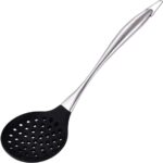 A modern Honglida silicone wok skimmer with a black head and stainless steel handle, resting in a nonstick pan.