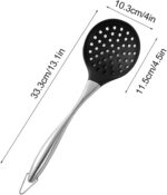 A modern Honglida silicone wok skimmer with a black head and stainless steel handle, resting in a nonstick pan.