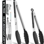 A set of two HOTEC black silicone-tipped stainless steel locking kitchen tongs, one 9-inch and one 12-inch, against a neutral