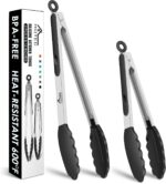 A set of two HOTEC black silicone-tipped stainless steel locking kitchen tongs, one 9-inch and one 12-inch, against a neutral