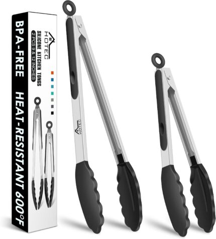 A set of two HOTEC black silicone-tipped stainless steel locking kitchen tongs, one 9-inch and one 12-inch, against a neutral