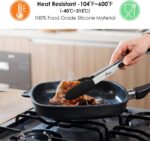 A set of two HOTEC black silicone-tipped stainless steel locking kitchen tongs, one 9-inch and one 12-inch, against a neutral