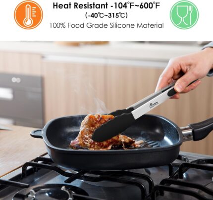 A set of two HOTEC black silicone-tipped stainless steel locking kitchen tongs, one 9-inch and one 12-inch, against a neutral
