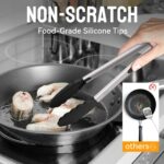 A set of two HOTEC black silicone-tipped stainless steel locking kitchen tongs, one 9-inch and one 12-inch, against a neutral
