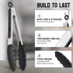A set of two HOTEC black silicone-tipped stainless steel locking kitchen tongs, one 9-inch and one 12-inch, against a neutral