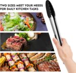 A set of two HOTEC black silicone-tipped stainless steel locking kitchen tongs, one 9-inch and one 12-inch, against a neutral