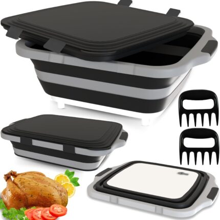 Black collapsible BBQ prep tub with an integrated cutting board, a locking lid, and two meat shredder claws.