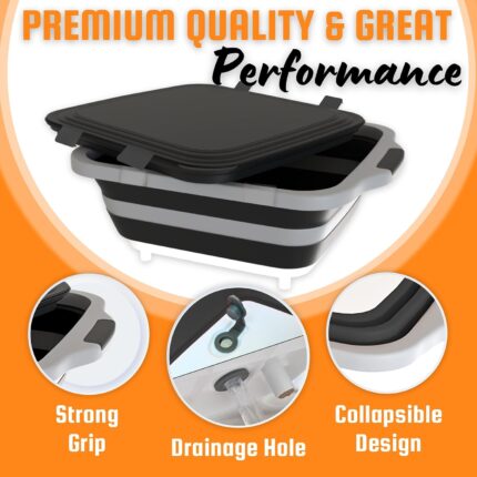 Black collapsible BBQ prep tub with an integrated cutting board, a locking lid, and two meat shredder claws.