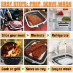 Black collapsible BBQ prep tub with an integrated cutting board, a locking lid, and two meat shredder claws.