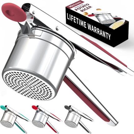 A red Minteem 15oz potato ricer made of stainless steel, shown with its silicone handle, ready for mashing.