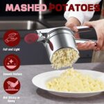 A red Minteem 15oz potato ricer made of stainless steel, shown with its silicone handle, ready for mashing.