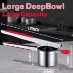 A red Minteem 15oz potato ricer made of stainless steel, shown with its silicone handle, ready for mashing.