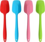 A set of four MOACC multicolor silicone spatulas with rubber and stainless steel handles, arranged neatly on a clean surface.