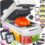 Mueller The Real Original Pro 10-in-1 Vegetable Chopper & Mandoline Slicer in white sand and gray, showing diverse blades and