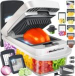 Mueller The Real Original Pro 10-in-1 Vegetable Chopper & Mandoline Slicer in white sand and gray, showing diverse blades and