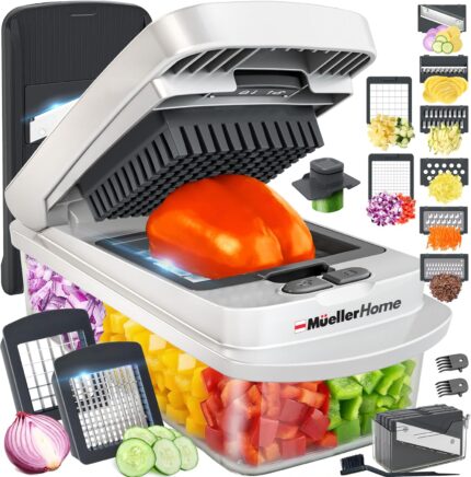 Mueller The Real Original Pro 10-in-1 Vegetable Chopper & Mandoline Slicer in white sand and gray, showing diverse blades and