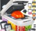 Mueller The Real Original Pro 10-in-1 Vegetable Chopper & Mandoline Slicer in white sand and gray, showing diverse blades and