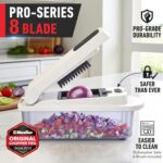 Mueller The Real Original Pro 10-in-1 Vegetable Chopper & Mandoline Slicer in white sand and gray, showing diverse blades and