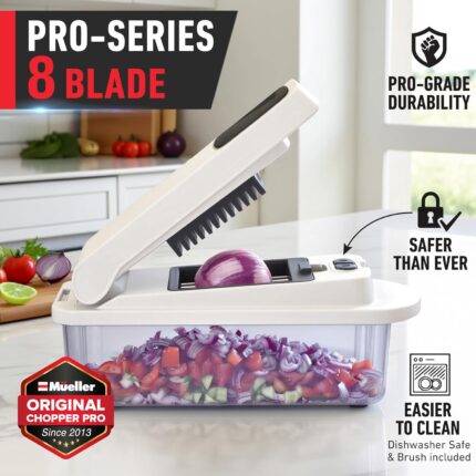 Mueller The Real Original Pro 10-in-1 Vegetable Chopper & Mandoline Slicer in white sand and gray, showing diverse blades and