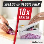 Mueller The Real Original Pro 10-in-1 Vegetable Chopper & Mandoline Slicer in white sand and gray, showing diverse blades and