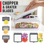 Mueller The Real Original Pro 10-in-1 Vegetable Chopper & Mandoline Slicer in white sand and gray, showing diverse blades and