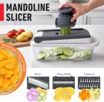 Mueller The Real Original Pro 10-in-1 Vegetable Chopper & Mandoline Slicer in white sand and gray, showing diverse blades and