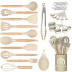 Complete 33-piece SOUTHREEY silicone cooking utensil set with solid wood handles and a holder, in light khaki.