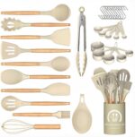 Complete 33-piece SOUTHREEY silicone cooking utensil set with solid wood handles and a holder, in light khaki.