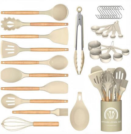 Complete 33-piece SOUTHREEY silicone cooking utensil set with solid wood handles and a holder, in light khaki.