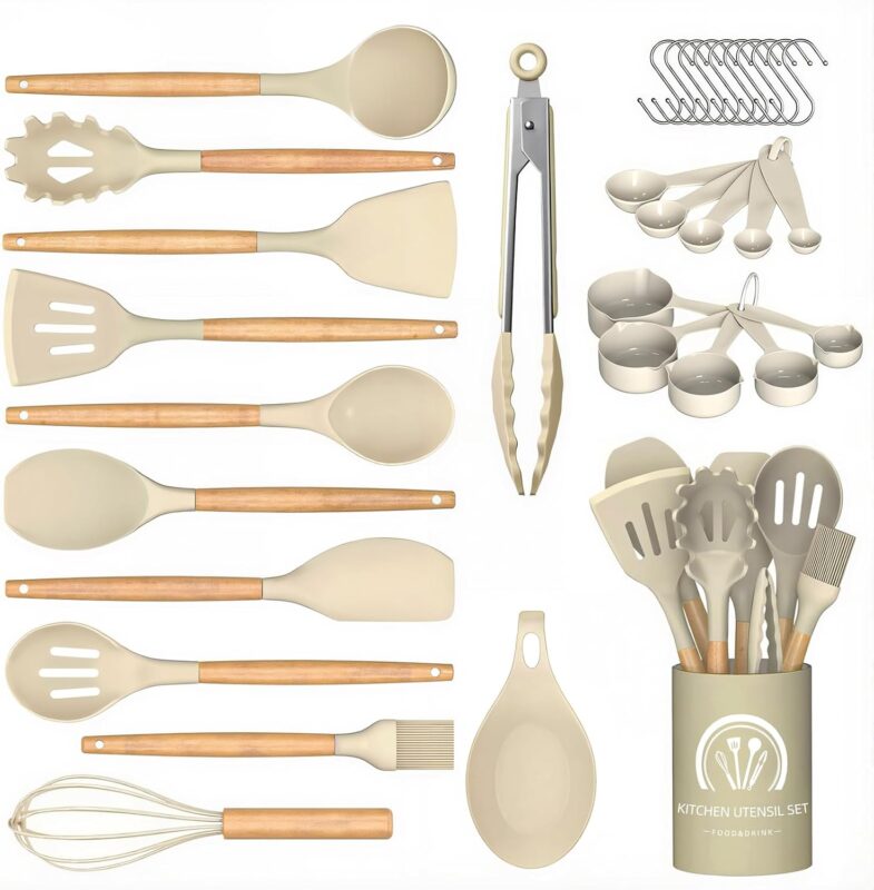 Complete 33-piece SOUTHREEY silicone cooking utensil set with solid wood handles and a holder, in light khaki.